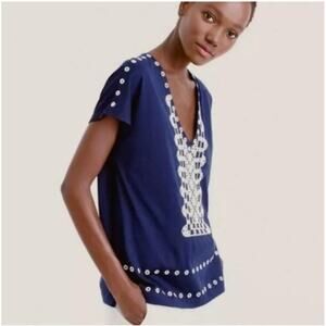 J.Crew Navy Blue/Cream Embroidered Eyelet Top